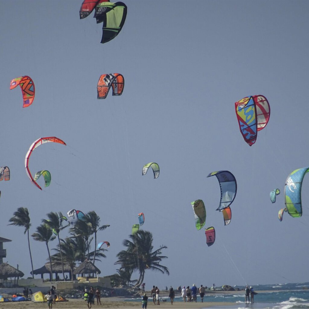 Kite Beach Cabarete with palm trees and kites filling the sky